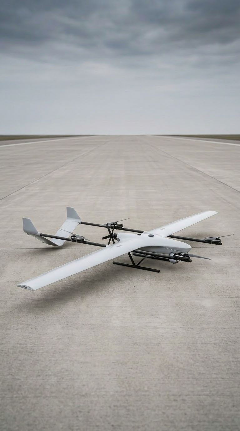 Fixed-wing VTOL UAV on a runway under an overcast sky